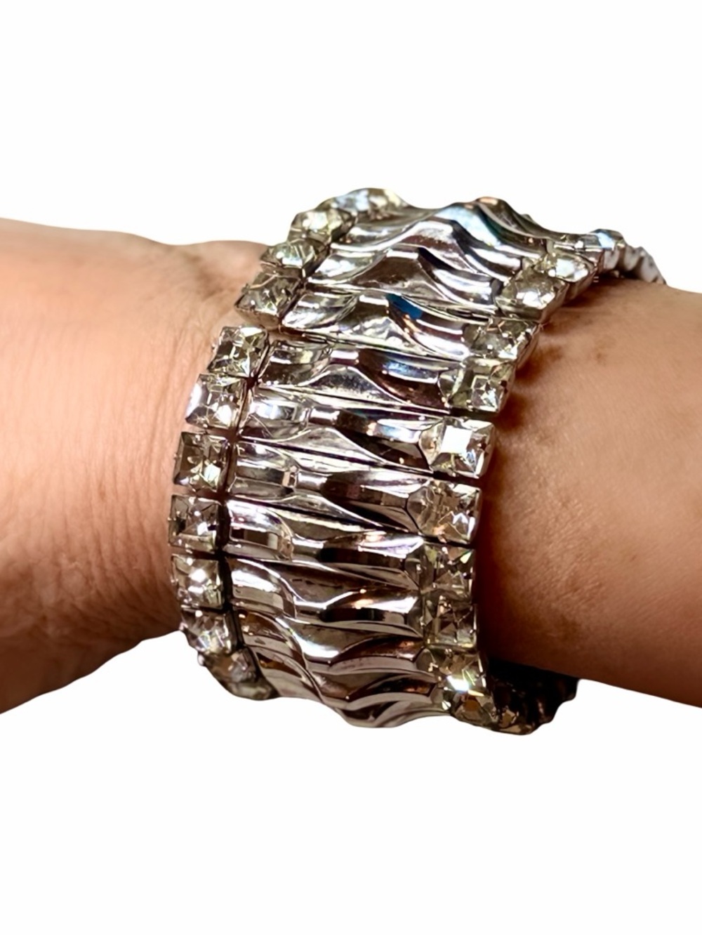 Vintage Rhinestone Stretch Bracelet Silver Tone Wide Statement Cuff Leading Lady - Picture 3 of 8